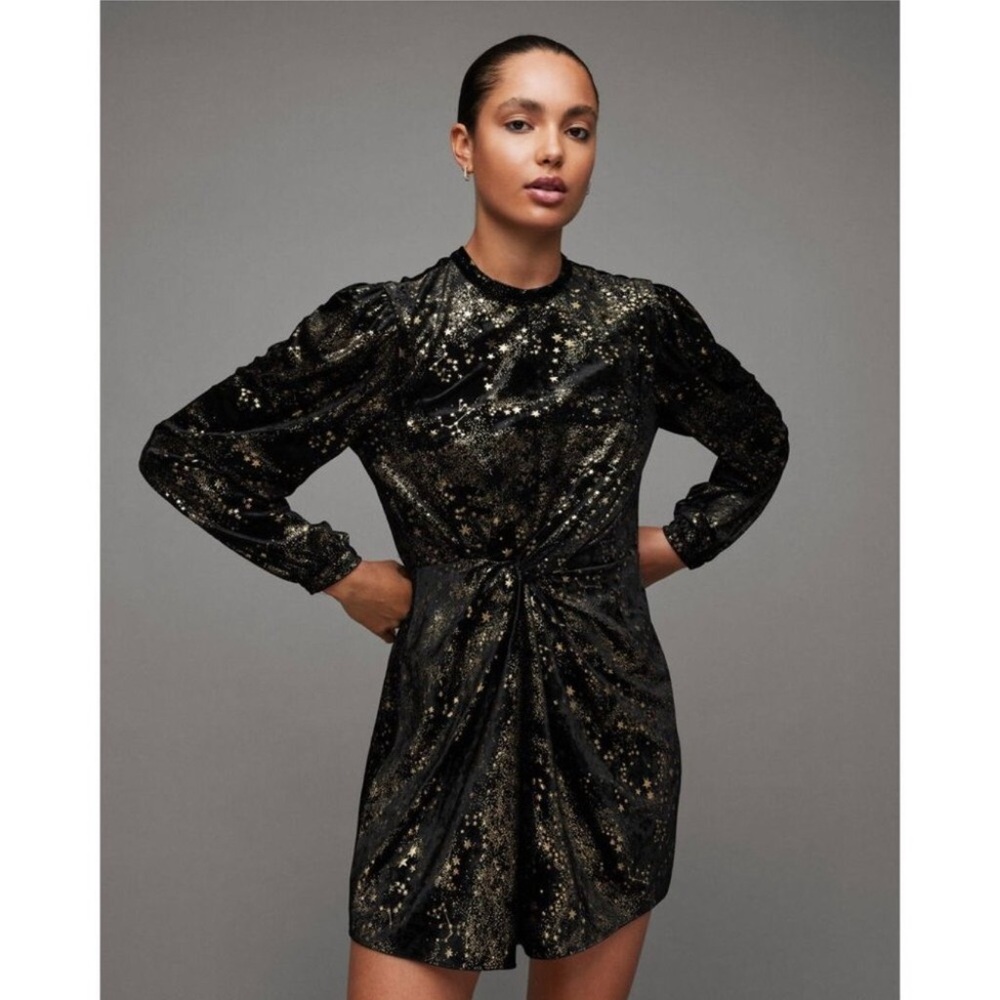 New!‎ All Saints Jemima Star Dress Black Velvet
Metallic Gold Printed Sz 10 $299 - Picture 6 of 14